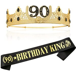 90th birthday king crown and birthday king sash,90th birthday gifts for men. birthday party decoration for men(gold)