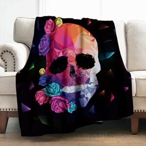 levens skull blanket gifts for women girls men, colorful skull decoration for home bedroom living room office halloween, soft comfortable lightweight throw plush blankets black 50″x60″