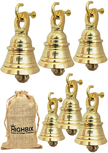 HIGHBIX Solid Brass Jingle Bells Set of 6 Hanging Harmony Festive Décor Handmade Brass Bells with Hooks