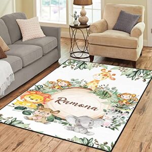 personalized cute greenery wild jungle safari animals 4’x5.2′ non-slip area rug with name text custom carpet floor mat for bedroom living room home decoration