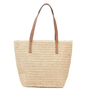 large straw beach bag for womens, straw handbag woven tote bag with zipper summer straw shoulder bag (beige)