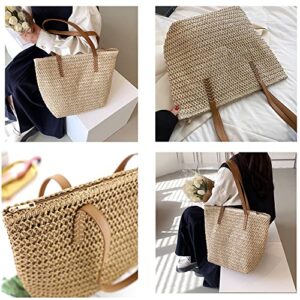 Large Straw Beach Bag for Womens, Straw Handbag Woven Tote Bag With Zipper Summer Straw Shoulder Bag (Beige)