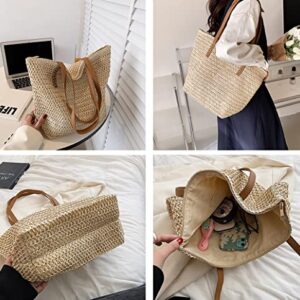 Large Straw Beach Bag for Womens, Straw Handbag Woven Tote Bag With Zipper Summer Straw Shoulder Bag (Beige)