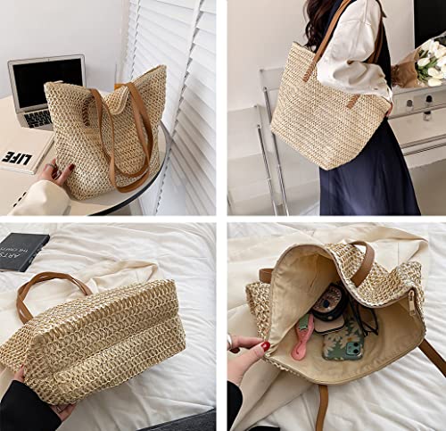 Large Straw Beach Bag for Womens, Straw Handbag Woven Tote Bag With Zipper Summer Straw Shoulder Bag (Beige)