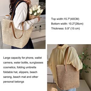 Large Straw Beach Bag for Womens, Straw Handbag Woven Tote Bag With Zipper Summer Straw Shoulder Bag (Beige)