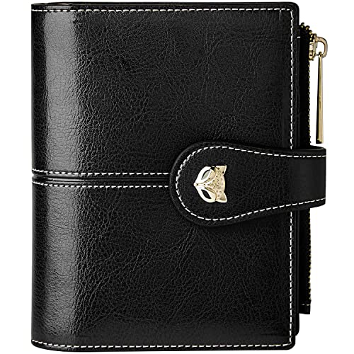 FOXLOVER Leather Wallets for Women RFID Blocking Small Compact Credit Card Holder Purse with Zipper Pocket (Black)