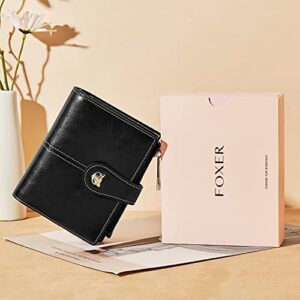 FOXLOVER Leather Wallets for Women RFID Blocking Small Compact Credit Card Holder Purse with Zipper Pocket (Black)