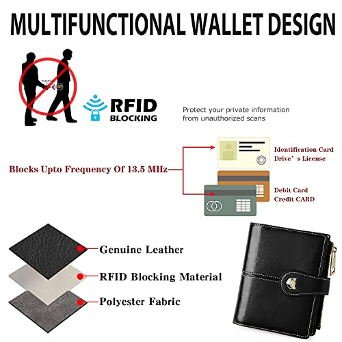 FOXLOVER Leather Wallets for Women RFID Blocking Small Compact Credit Card Holder Purse with Zipper Pocket (Black)