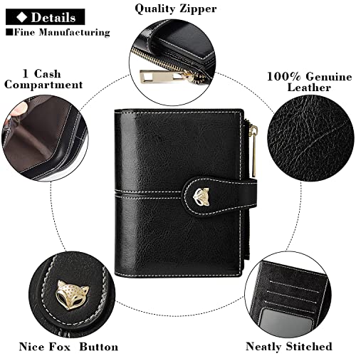 FOXLOVER Leather Wallets for Women RFID Blocking Small Compact Credit Card Holder Purse with Zipper Pocket (Black)