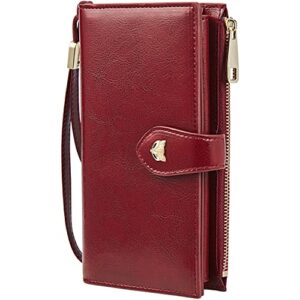 foxlover large capacity clutch wallet for women rfid blocking waxed leather multi card holder organizer (wine red)