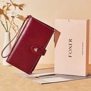 FOXLOVER Large Capacity Clutch Wallet For Women RFID Blocking Waxed Leather Multi Card Holder Organizer (Wine Red)