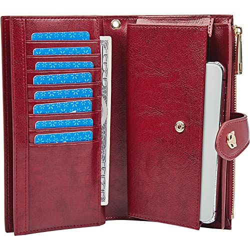 FOXLOVER Large Capacity Clutch Wallet For Women RFID Blocking Waxed Leather Multi Card Holder Organizer (Wine Red)