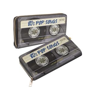 WIRESTER PU Leather Clutch Purse Card Holder Wallet, Zip Around Long Wallet for Women - Retro Clear Cassette Tape Pop Songs