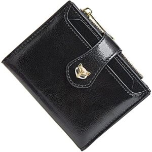 foxlover small leather wallets for women ladies rfid blocking bifold zipper pocket wallets with id window (black)