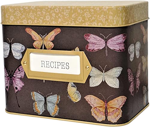 SENSORY4U Fernweh4U Tin Recipe Box Butterfly Print - Includes 100 4X6 Cards, 12 Dividers - Beautiful Decorative Butterflies Decorative Tin Box Gift Set