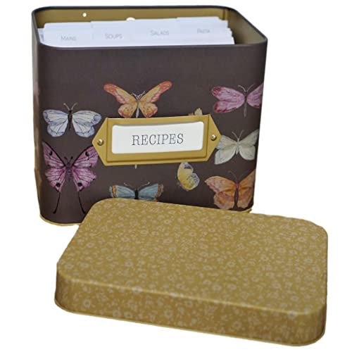 SENSORY4U Fernweh4U Tin Recipe Box Butterfly Print - Includes 100 4X6 Cards, 12 Dividers - Beautiful Decorative Butterflies Decorative Tin Box Gift Set