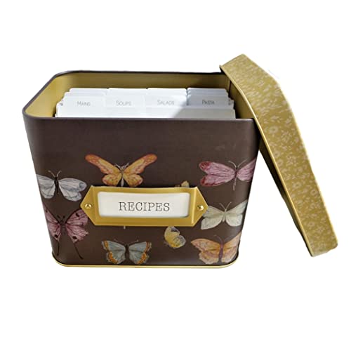 SENSORY4U Fernweh4U Tin Recipe Box Butterfly Print - Includes 100 4X6 Cards, 12 Dividers - Beautiful Decorative Butterflies Decorative Tin Box Gift Set