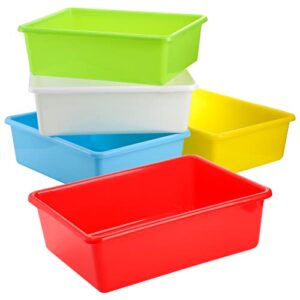 wuweot 5 pack large storage bins, 15″ x 11.5″ plastic stackable classroom organizer, multipurpose toy basket for classroom, nursery, playrooms and home organization