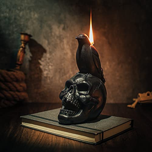 Crow Raven Skull Candle - Gothic, Spooky Witchy Room Decor Decorations - Realistic Skeleton Skull & Bones Candles - Vegan 100% Vegetable Wax 6x3 inches Vintage Decoration Home Indoor & Out