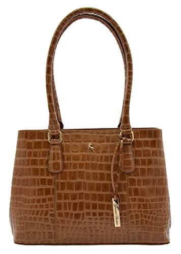 Womens Leather Shoulder Bag Croc Print Hobo Handbag Colours Black Bordo Green Tan Sylvia, Tan