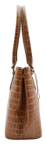 Womens Leather Shoulder Bag Croc Print Hobo Handbag Colours Black Bordo Green Tan Sylvia, Tan