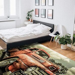 Area Rug for Bedroom Living Room Decor Vintage Red Antique Classic Car Ultra Soft Non-Slip Accent Rugs Indoor Large Carpet Farm Antique Trucks Countryside Vehicles Non-Shedding Nursery Floor Mat