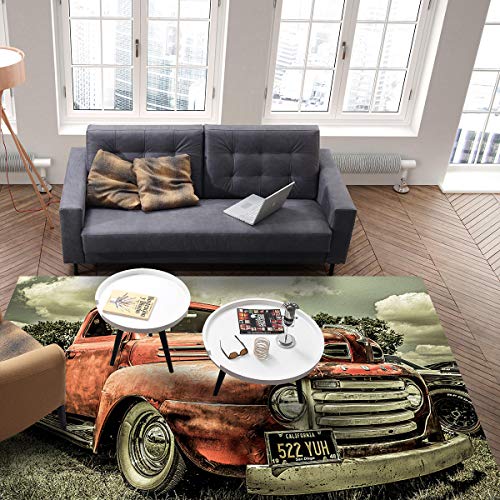 Area Rug for Bedroom Living Room Decor Vintage Red Antique Classic Car Ultra Soft Non-Slip Accent Rugs Indoor Large Carpet Farm Antique Trucks Countryside Vehicles Non-Shedding Nursery Floor Mat