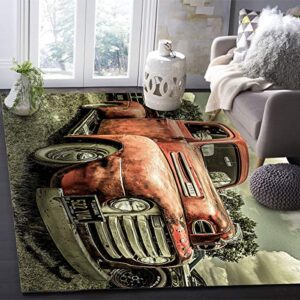 Area Rug for Bedroom Living Room Decor Vintage Red Antique Classic Car Ultra Soft Non-Slip Accent Rugs Indoor Large Carpet Farm Antique Trucks Countryside Vehicles Non-Shedding Nursery Floor Mat