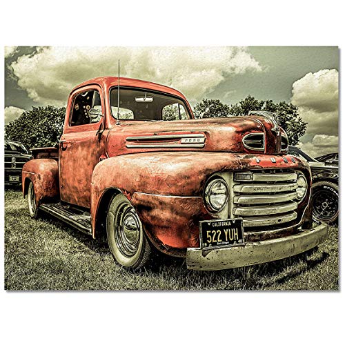 Area Rug for Bedroom Living Room Decor Vintage Red Antique Classic Car Ultra Soft Non-Slip Accent Rugs Indoor Large Carpet Farm Antique Trucks Countryside Vehicles Non-Shedding Nursery Floor Mat