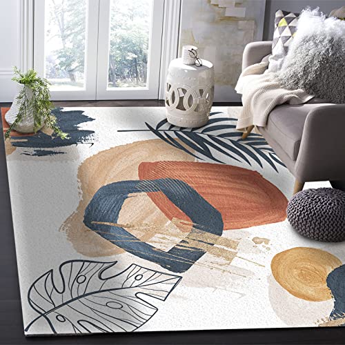 Boho Area Rug for Bedroom Living Room Decor Mid Century Abstract Leaf Boho Style Ultra Soft Non-Slip Accent Rugs Indoor Large Floor Carpet Minimalist Geometric Non-Shedding Nursery Floor Mat 5x6.8ft