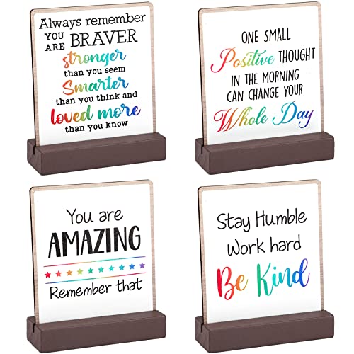 4 Pieces Inspirational Quotes Bible Desk Decor Wood Block Plaque Rustic Encouragement Gifts for Women Motivational Desk Decor Positive Wooden Table Signs with Wooden Stand (Inspirational Style)