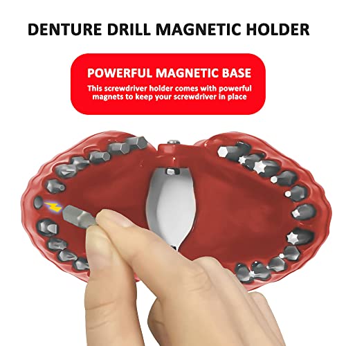 MIMIRACLE Denture Drill Bit Holder Holds Up To 28 Bits Screwdriver Bit Organizer Fits 1/4 Inch Hex Bit and Drive Bit Adapter -Red