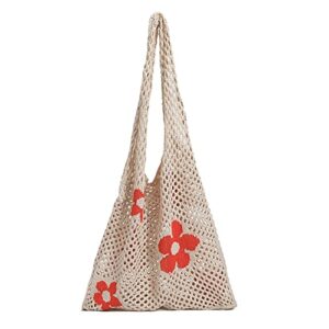 crochet tote bag for women – cute knitting shoulder tote bags purse aesthetic mesh hollow flower woven beach tote handbag (a beige)