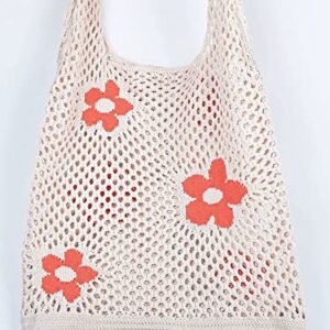 Crochet Tote Bag for Women - Cute Knitting Shoulder Tote Bags Purse Aesthetic Mesh Hollow Flower Woven Beach Tote Handbag (A Beige)