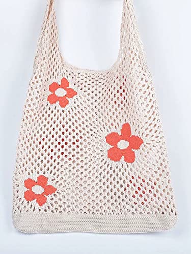 Crochet Tote Bag for Women - Cute Knitting Shoulder Tote Bags Purse Aesthetic Mesh Hollow Flower Woven Beach Tote Handbag (A Beige)