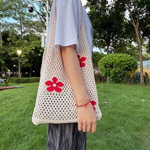 Crochet Tote Bag for Women - Cute Knitting Shoulder Tote Bags Purse Aesthetic Mesh Hollow Flower Woven Beach Tote Handbag (A Beige)