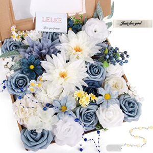 lelee artificial flowers rose fake silk flower combo dusty blue foam roses bulk decor set for wedding bouquets centerpieces arrangements cake party table bridal baby shower home decorations