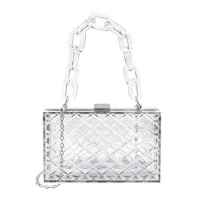 clear purse for women, acrylic box evening clutch bag, transparent stadium approved crossbody shoulder handle handbag fits party, school prom & concerts (silver)