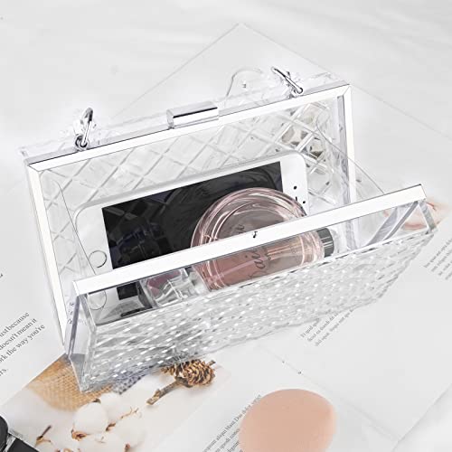 Clear Purse for Women, Acrylic Box Evening Clutch Bag, Transparent Stadium Approved Crossbody Shoulder Handle Handbag Fits Party, School Prom & Concerts (Silver)