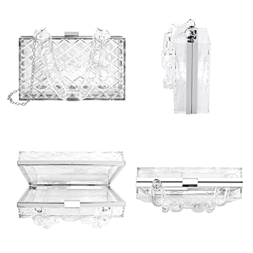 Clear Purse for Women, Acrylic Box Evening Clutch Bag, Transparent Stadium Approved Crossbody Shoulder Handle Handbag Fits Party, School Prom & Concerts (Silver)