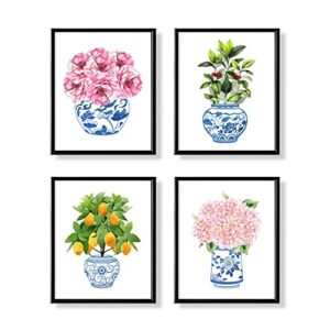 blue and white chinoiserie wall art – watercolor flower picture wall prints – china porcelain vase pottery wall decor – chinese oriental ornament – japanese decor – hydrangea lemon tree peony picture