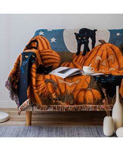 cueerbot throw blanket for couch，indie room decor black cat and halloween pumpkin cotton blanket (orange, large 63x87 inches)