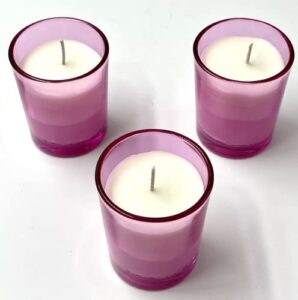 mister candle – pink color filled glass votive candles jar, perfect home decoration, wedding favors hand poured in usa (set of 12) (unscented)