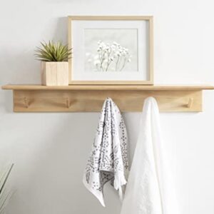 Kate and Laurel Alta Modern Floating Wood Wall Shelf with Coat Hooks, 36 x 5 x 5, Natural Wood, Decorative Wooden Shelf with 5 Hanging Posts for Storage