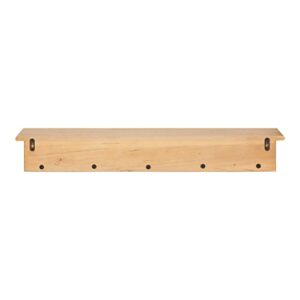 Kate and Laurel Alta Modern Floating Wood Wall Shelf with Coat Hooks, 36 x 5 x 5, Natural Wood, Decorative Wooden Shelf with 5 Hanging Posts for Storage