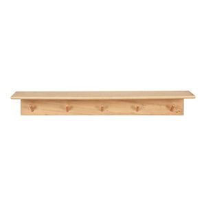 Kate and Laurel Alta Modern Floating Wood Wall Shelf with Coat Hooks, 36 x 5 x 5, Natural Wood, Decorative Wooden Shelf with 5 Hanging Posts for Storage