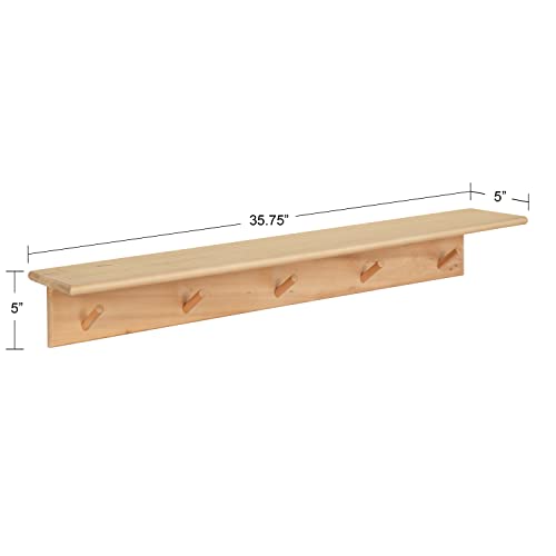 Kate and Laurel Alta Modern Floating Wood Wall Shelf with Coat Hooks, 36 x 5 x 5, Natural Wood, Decorative Wooden Shelf with 5 Hanging Posts for Storage