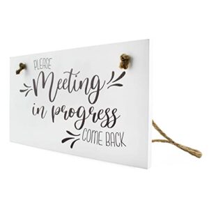 Darware Meeting in Progress / Do Not Disturb Wood Sign (White), Reversible Home and Office Meeting Door Hanger