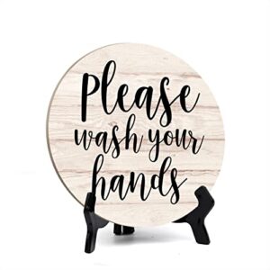 round please wash your hands, light wood color bathroom table sign with acrylic easel