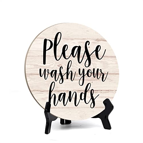 Round Please Wash Your Hands, Light Wood Color Bathroom Table Sign with Acrylic Easel